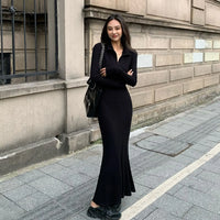 Women Basic Long Sleeve Dresses Zipper V-neck Pure Black Maxi Fashion Street Modern Sexy Female Spring Autumn Graceful Simple