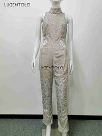 Jumpsuit Sexy Slim Women's Shiny Sleeveless Casual Sequins Straight Party Mesh Female Long Jumpsuits Lugentolo