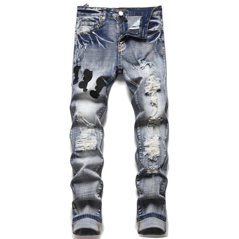 European American Style Fashion Brand Men's Jeans Ripped Hole Patch Trend Stretch Slim Trousers High Street Male Denim Pants