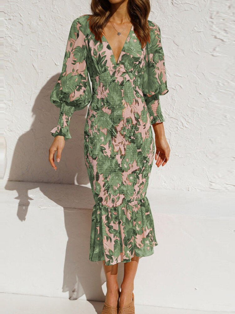 New In Summer Women's Dress Lantern Sleeve Printed Evening Women Dress Elegant Party Long Formal Occasion Dresses for Women 2023