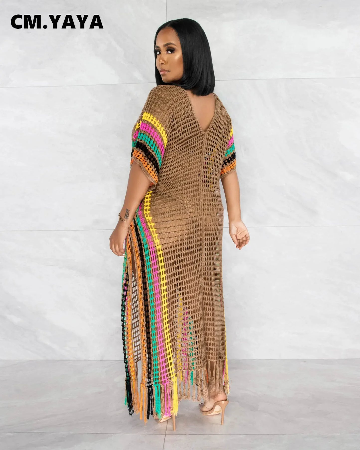 CM.YAYA Vintage Women Striped Crochet Knit Hollow Out V-neck Batwing Sleeve Maxi Long Slim Dress 2023 Sexy Party Evening Dresses