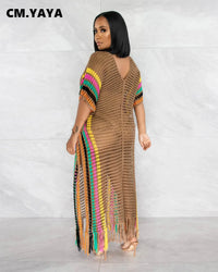 CM.YAYA Vintage Women Striped Crochet Knit Hollow Out V-neck Batwing Sleeve Maxi Long Slim Dress 2023 Sexy Party Evening Dresses