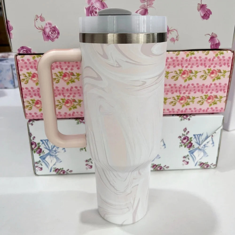 Stainless Steel Vacuum Insulated Car Cup with Dual Straw Lid, Thermal Icy Travel Handle 40oz New