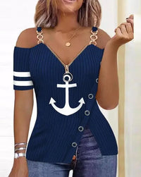 Blusas Para Mujer Print Zip Detail Split Hem Shoulder Top Women Short Sleeve Spring Summer T Shirt Tops Blouse Women Clothing