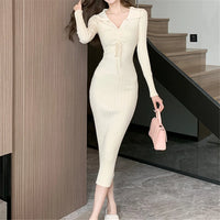 New Elegant Beige Knitted Midi Dress for Women Long Sleeved Winter Thickened Knit Sweater Fashion Vintage Female Long Slim Dress