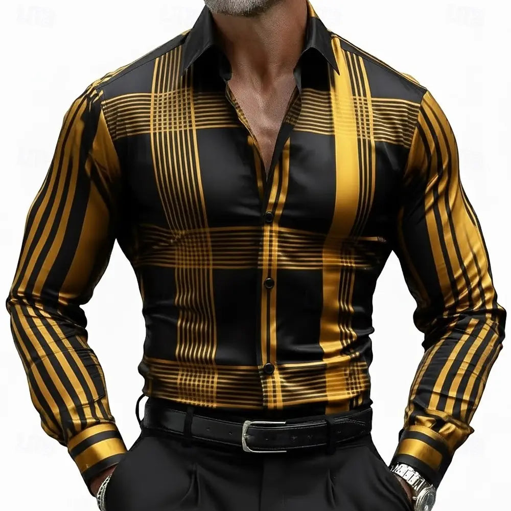 Men's Geometric Striped Grid  Plaid Shirt Long Sleeve Business Casual Vacation  Summer Spring Turndown 3D Print Button Up Shirts