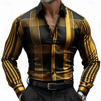 Men's Geometric Striped Grid  Plaid Shirt Long Sleeve Business Casual Vacation  Summer Spring Turndown 3D Print Button Up Shirts