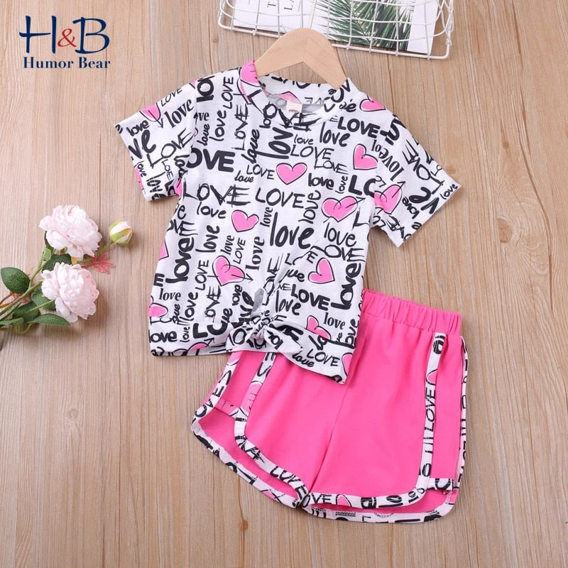 Humor Bear  Summer New Grils Clothes Korean Dot Girl Big Bow T-shirt+ Shorts Children Clothing Set Kids Girls Clothes Suit