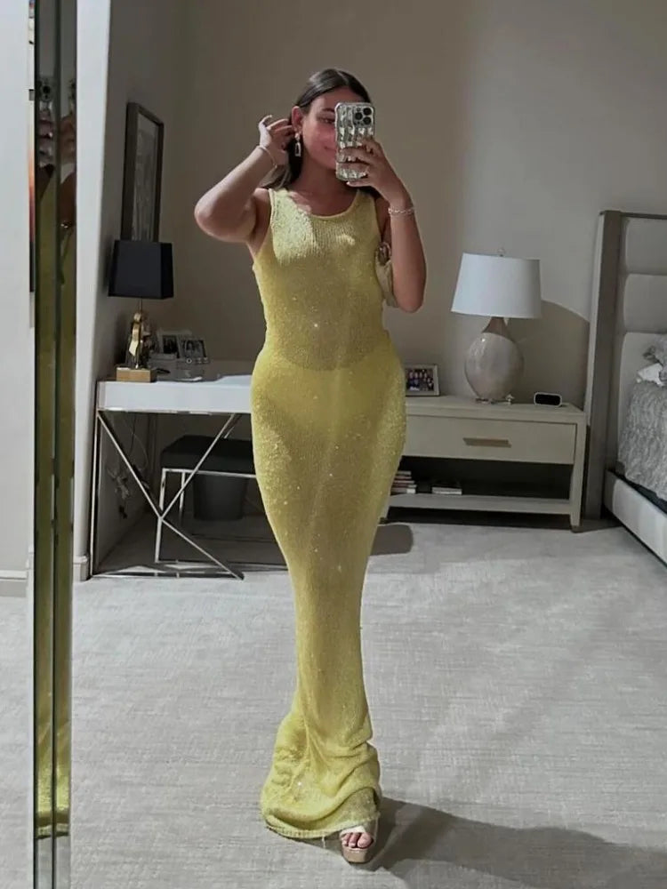 TARUXY Sequin Slim Maxi Dress Female Backless Glitter See-Through Sexy Patchwork Autumn Women's Long Club Party Dresses Vestido