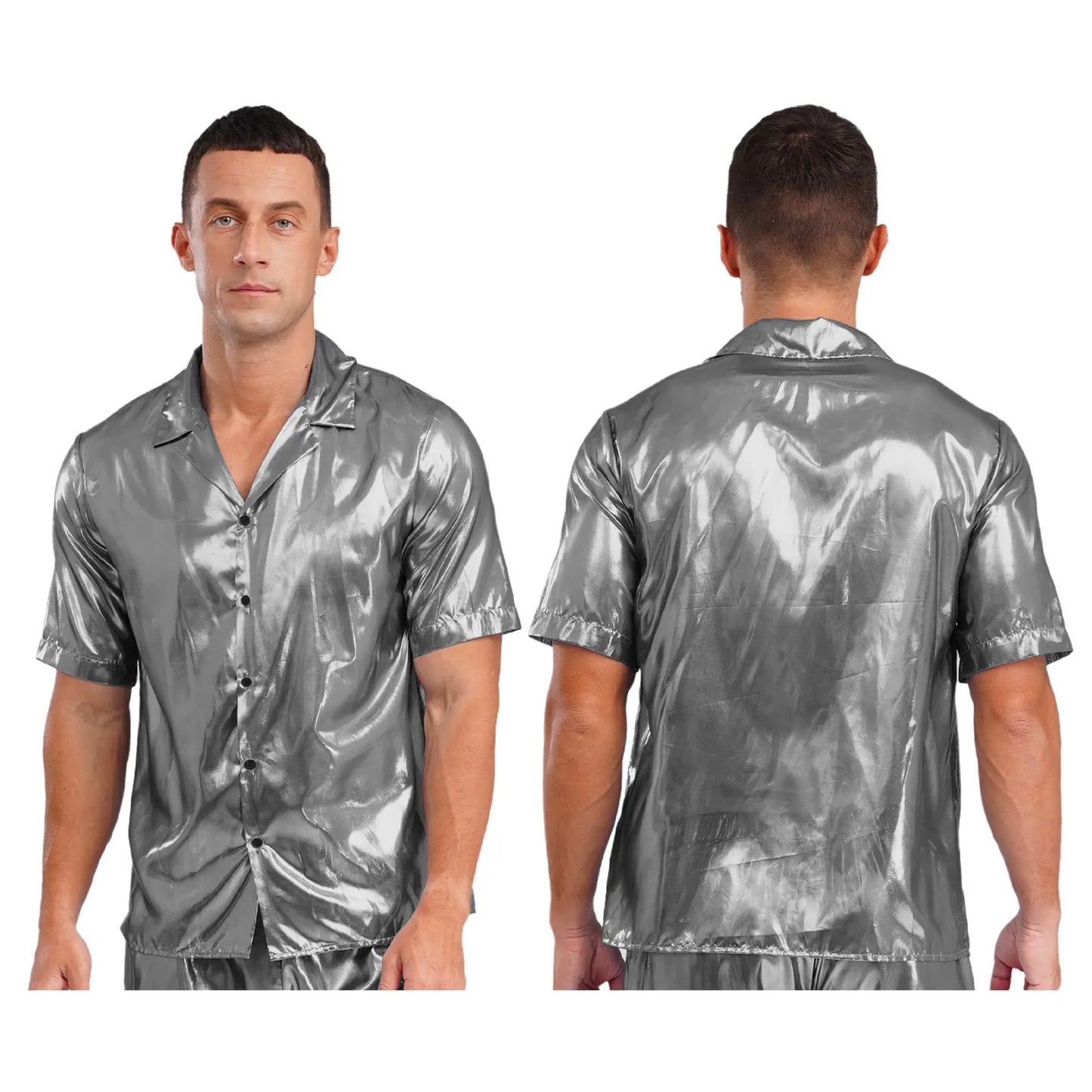 Mens  Shine Button See Through Shirt Top for Disco Party Rave Outfits Turn-down Collar Hip Hop Blouses Beachwear Rave Clubwear