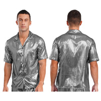 Mens  Shine Button See Through Shirt Top for Disco Party Rave Outfits Turn-down Collar Hip Hop Blouses Beachwear Rave Clubwear