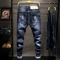 American Elastic Straight Jeans Men Ripped Worn-out Slim-fit Cotton Denim Pants Korean Style Fashion Blue Black Men's Clothing