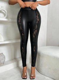 Women's Sexy Pants 2024 Spring Fashion Mesh Panel Belt Buckle High Waist Zipper Casual Tight Elastic Daily Pants Y2K Street Wear