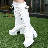 2025 Sexy White Women Knight Boots Coarse Heels Round Toe Knee High Boots Lace Up Multi-belt Buckle High Heeled Boots Size 35-43