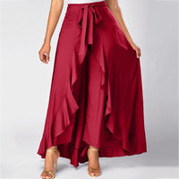 Women Chiffon Palazzo Trouser Summer Irregular Ruffle Drawstring Lace-up Solid Color Pant Skirt Female Causal High Waist Trouser