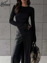 Oymimi Elegant Black Slim Women's Dress Fashion O-Neck Long Sleeve Solid Simple Dresses Spring New Irregular Floor-Length Dress