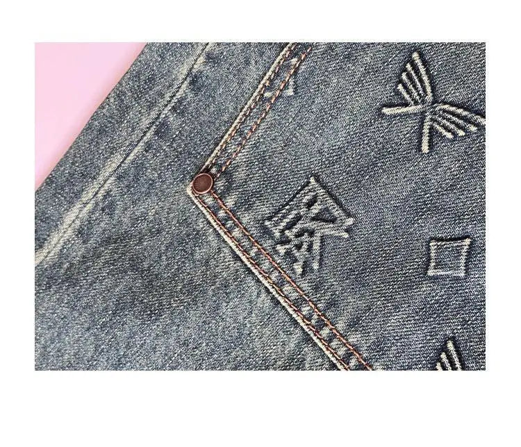 Embossed Trendy Workwear Jeans Men's Loose Straight Leg Retro Washed Trendy Casual Pants