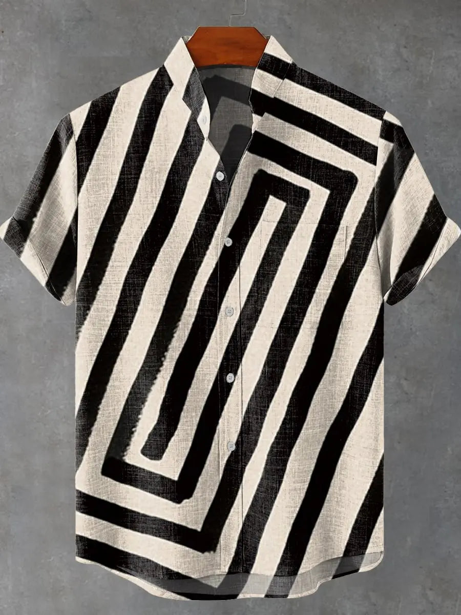 Men's Shirt Comfortable Short Sleeve Linen 100% Men's Shirt Elegant Geometric Striped Pattern Casual Fashionable Shirt