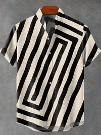 Men's Shirt Comfortable Short Sleeve Linen 100% Men's Shirt Elegant Geometric Striped Pattern Casual Fashionable Shirt