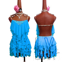 New Latin  Competition Performance  Adult Custom Children's Purple Tassel Backless Dance Skirt Blue Pleated Skirt