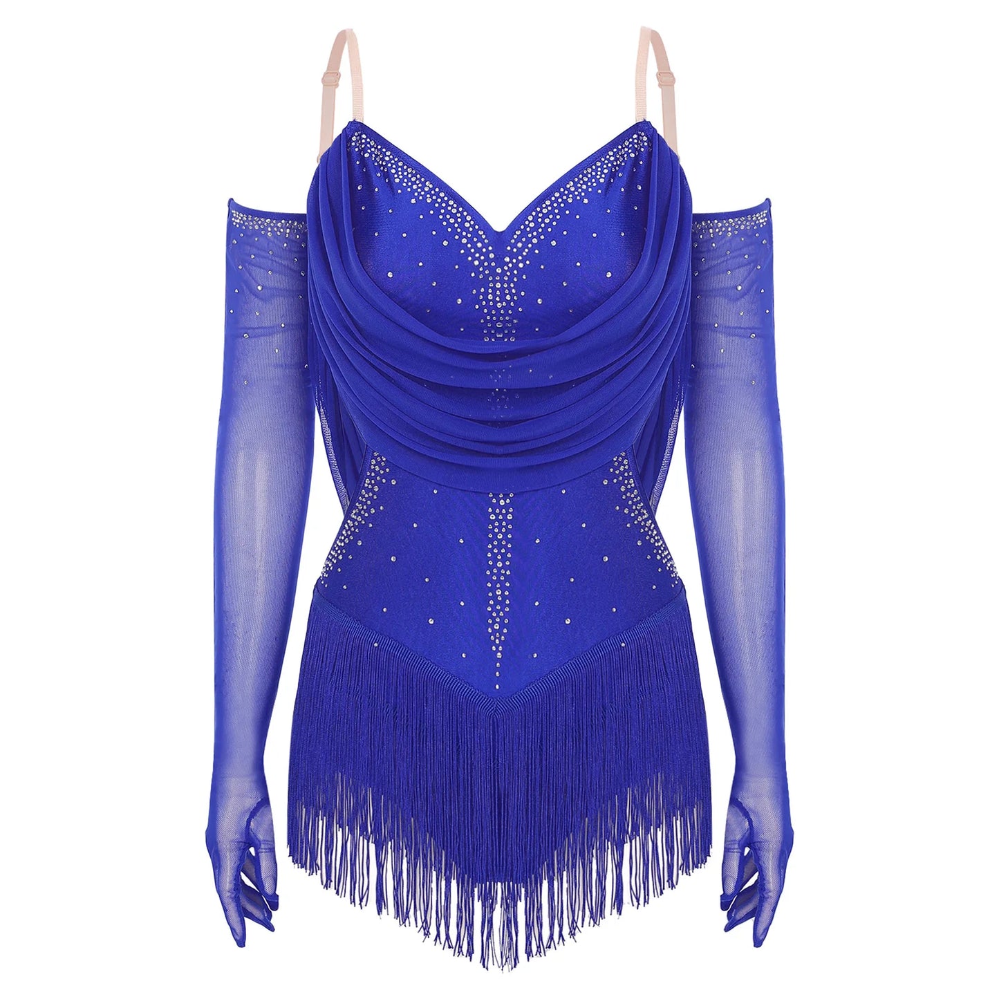 Womens Tassel Latin Rumba Dance Leotard Glittery Cutout Fringed Bodysuit with Gloves Cha-cha Samba Tango Performance Costume