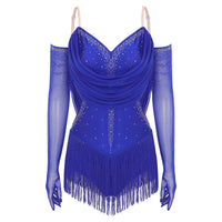 Womens Tassel Latin Rumba Dance Leotard Glittery Cutout Fringed Bodysuit with Gloves Cha-cha Samba Tango Performance Costume