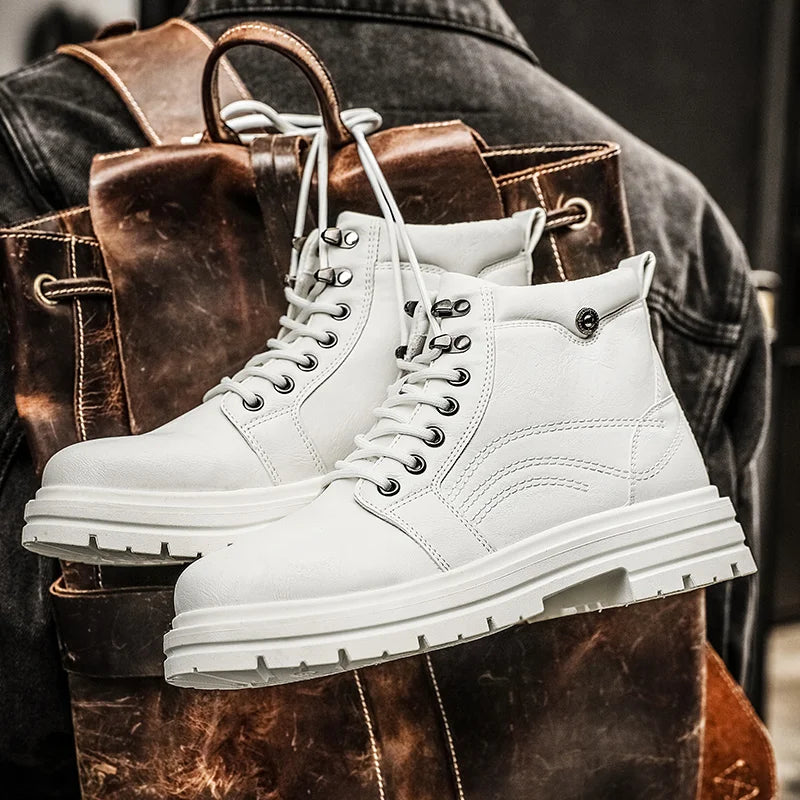 Mens Fashion Casual Boots Spring and Autumn New Versatile Thick Bottom Anti Slip Comfortable Leather Boots Men's Shoes Men Boots