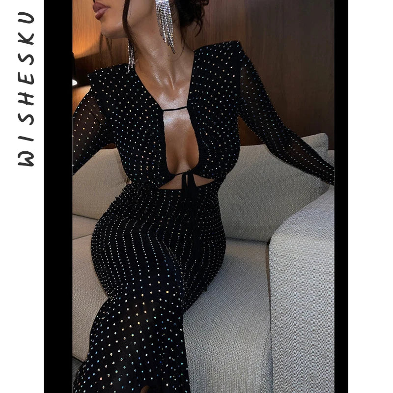 Sexy Cut Out Mesh Long Sleeve Bodycon Maxi Dress Women Glitter Lace Up Party Vestido 2023 Spring Fall Elegant Birthday Clothes