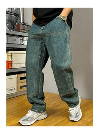 Embossed Trendy Workwear Jeans Men's Loose Straight Leg Retro Washed Trendy Casual Pants