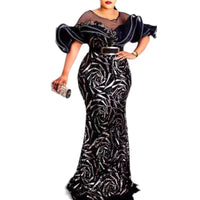 2023 Spring Summer Elegant African Women Short Sleeve Sequined Wedding Party Long Dress Africna Dresses for Women Maxi Dress