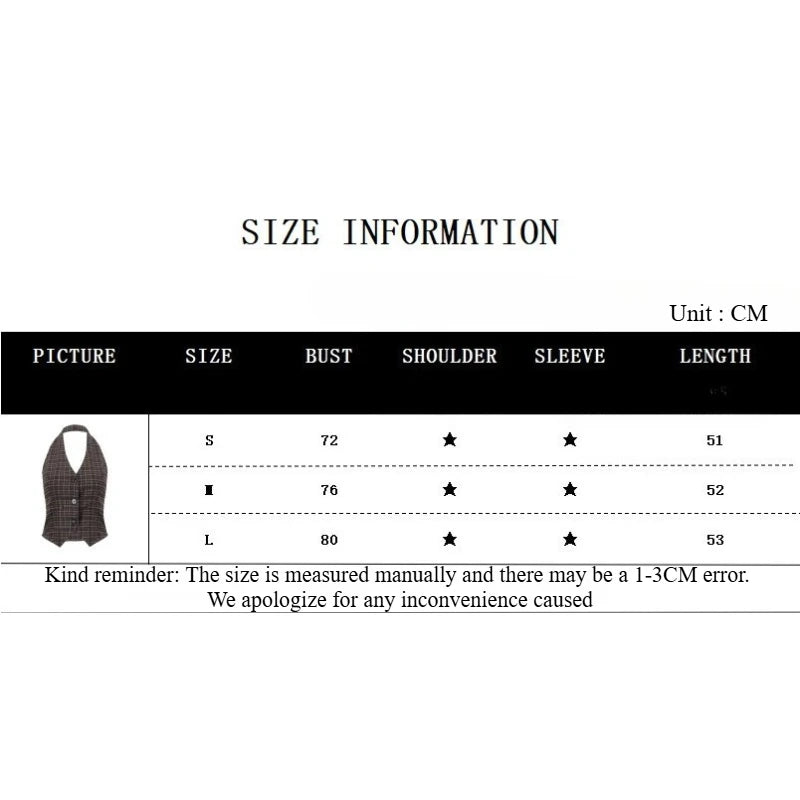 Plaid Print Vintage Cardigan V-neck Buttons Halter Casual Crop Tops Sexy Backless Sleeveless Tank Tops Fashion Streetwear Vest