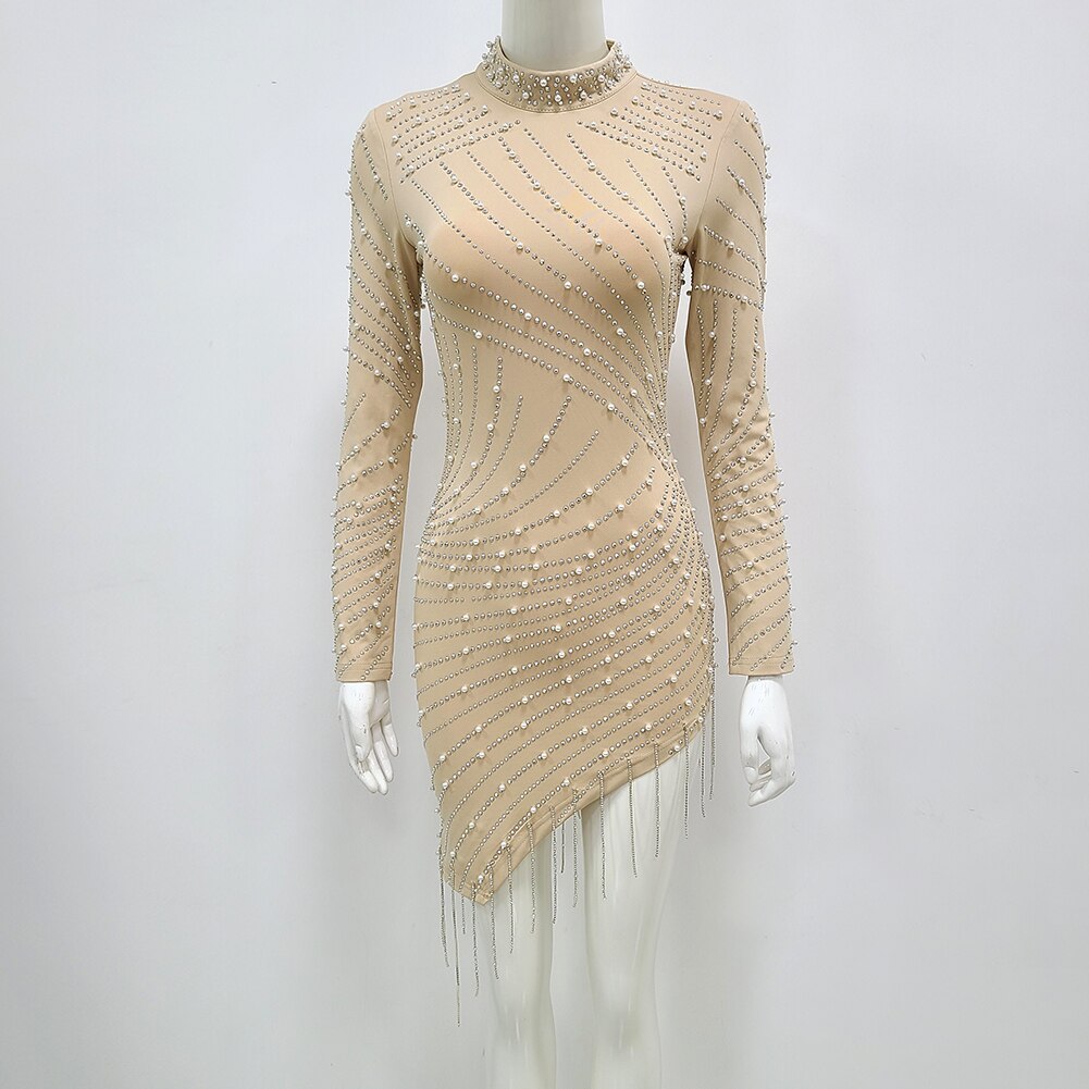 High Quality Celebrity Nude Long Sleeve Beading Bodycon Dress Elegant Club Party Dress Vestidos