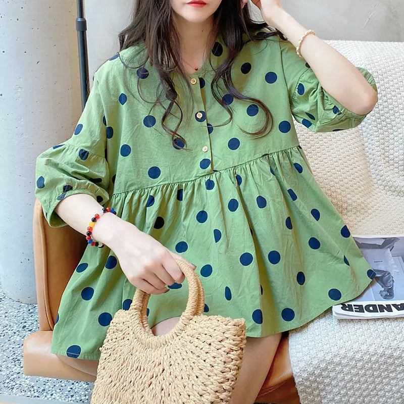 Spring Autumn Fashion Pure Cotton V-neck Printing Blouses Women's Clothing Button Sweet Versatile Floral Bishop Sleeve Blouses
