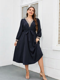 Della Mel Plus Size Women Clothing Long Sleeve Dress Urban Office V Neck Elegant Female Evening A-line Casual Party Long Dresses