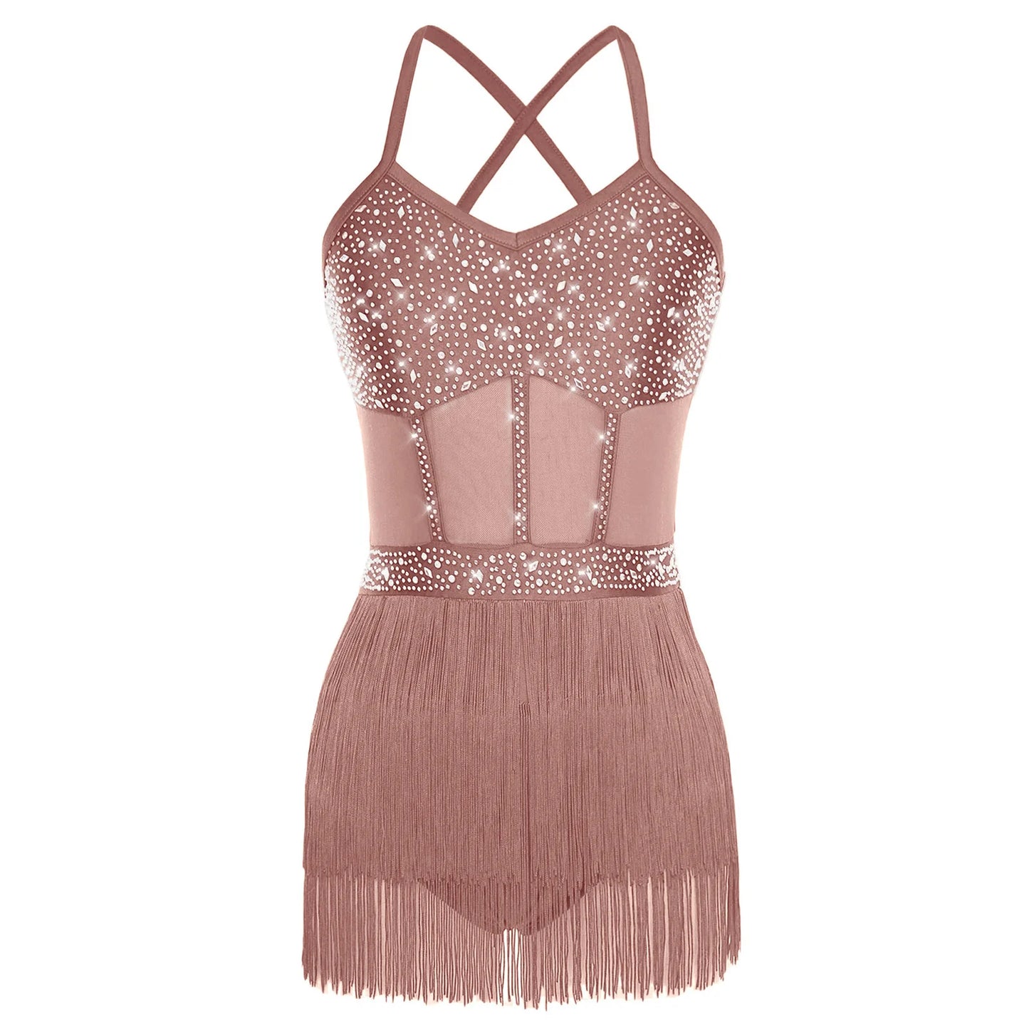 Womens Latin Dance Dress Sheer Mesh Patchwork Tiered Tassel Bodysuit Dress and Gloves for Tango Samba Dance Ballroom Dancewear