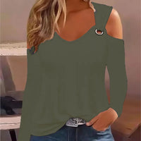 Women's Casual Loose And Minimalist Printed Metal Buckle V-neck Long Sleeved Shirt Tops 2023 Sexy Off Shoulder Blouse Mujer