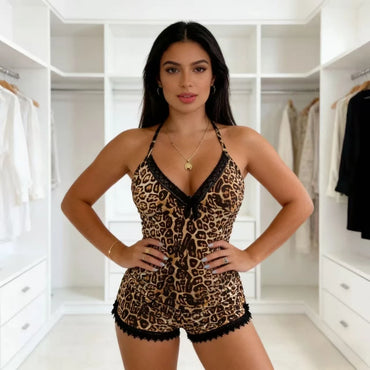 Leopard Print Lace Trim Lingerie Set Women's Sleeveless Top & Shorts 2 Piece Pajamas Sexy Soft Nightwear for Ladies Loungewear