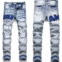 Hand Embroidered Jeans Men National Style Pattern Personality Cotton High Elastic Slim Trousers 3D High Street Wash Hole Skull 4