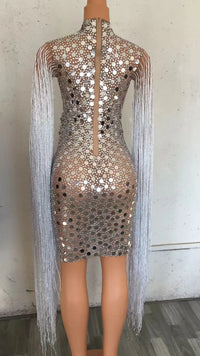 Sparkly Sequined Crystals Tassel Sleeve Short Dress Women Birthday Celebrate Party Dress Mesh Transparent Sexy Stage Show Wear