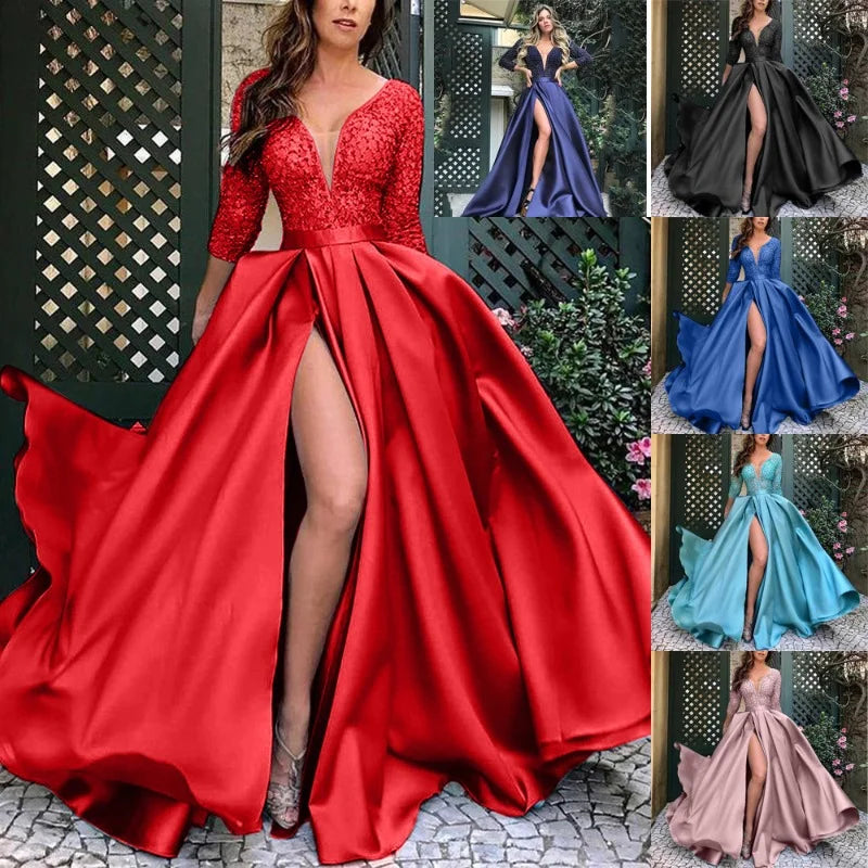 Women Lace Sequin Maxi Dress Female Elegant Sexy Deep V long sleeve Big hem Evening Dresses for Women 2023 Party Club Dresses