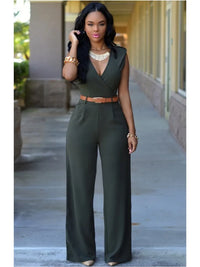 Women's Sexy Deep V Neck Sleeveless Solid Color Jumpsuit Fashion Slim Wrap Hip Elegant Female  Party Office Jumpsuit (with Belt)