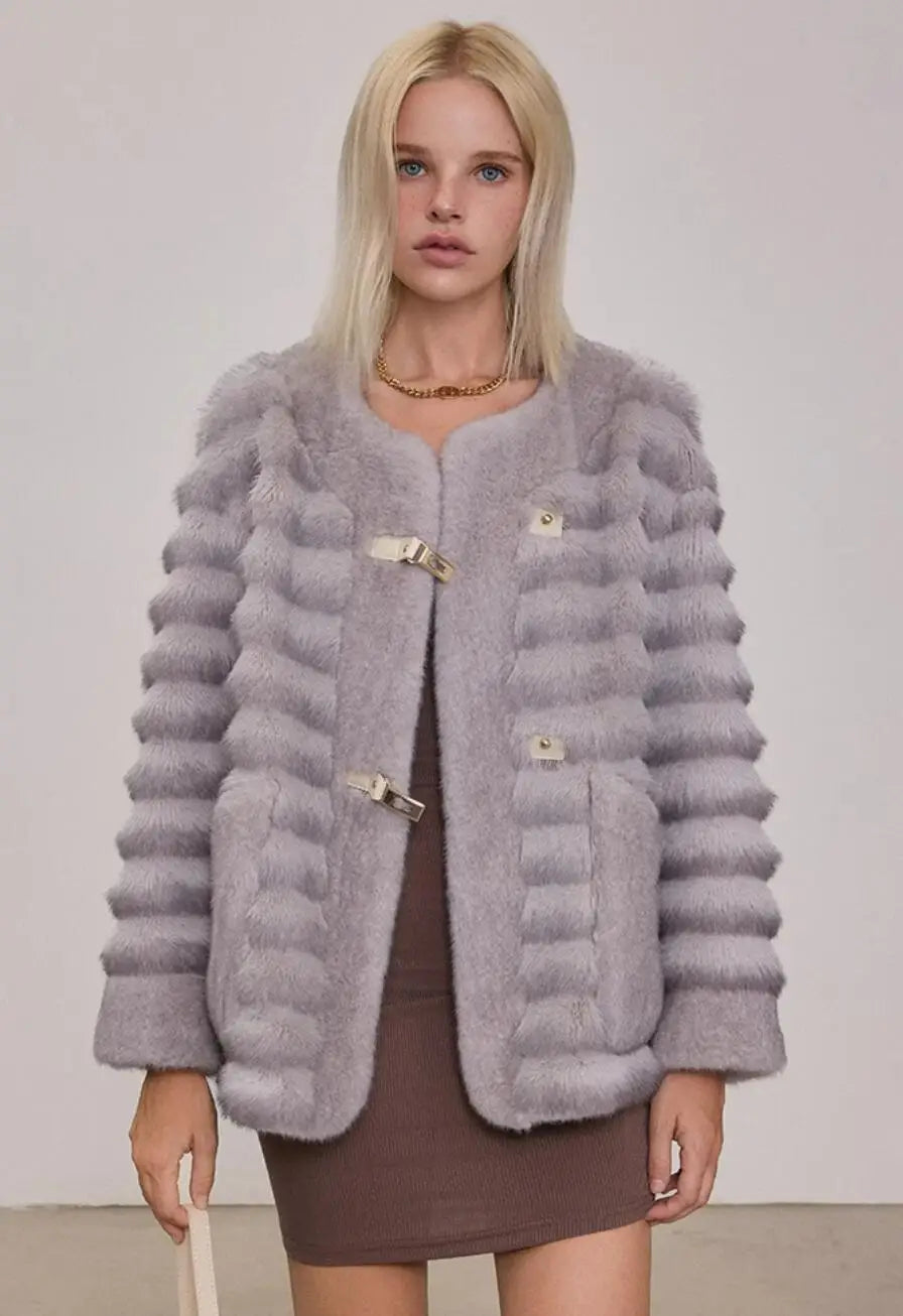 Winter Contrast Color Brown Horizontal Strip Faux Mink Fur Coat Women O neck Front Buckle Buttons Loose Thick Short Outerwear