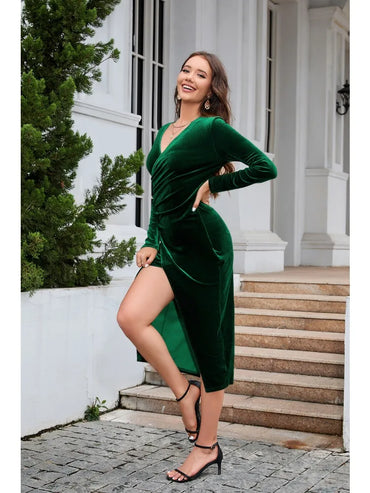 V-Neck Long Sleeve Elegant Dresses Autumn New Fold Bright Colors Golden Velvet Sheath Dress Split Hip Wrap Mid-calf Ladies Skirt