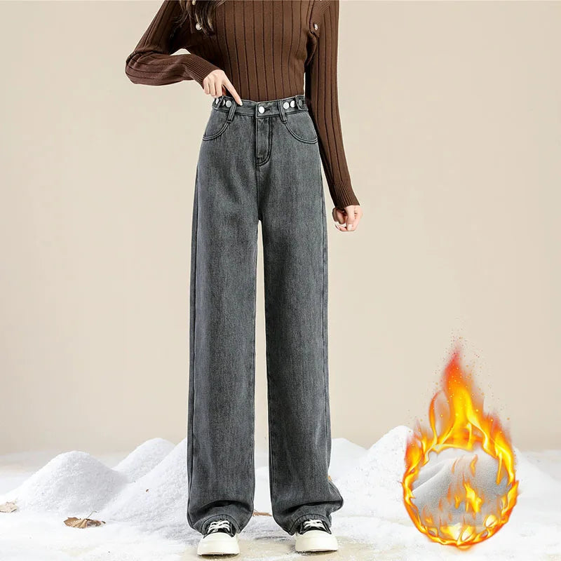 Plus Velvet Denim Pants for Women Autumn Winter New Thickened Baggy Straight Jeans Ladies Casual Versatile Wide Leg Trousers