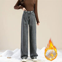 Plus Velvet Denim Pants for Women Autumn Winter New Thickened Baggy Straight Jeans Ladies Casual Versatile Wide Leg Trousers
