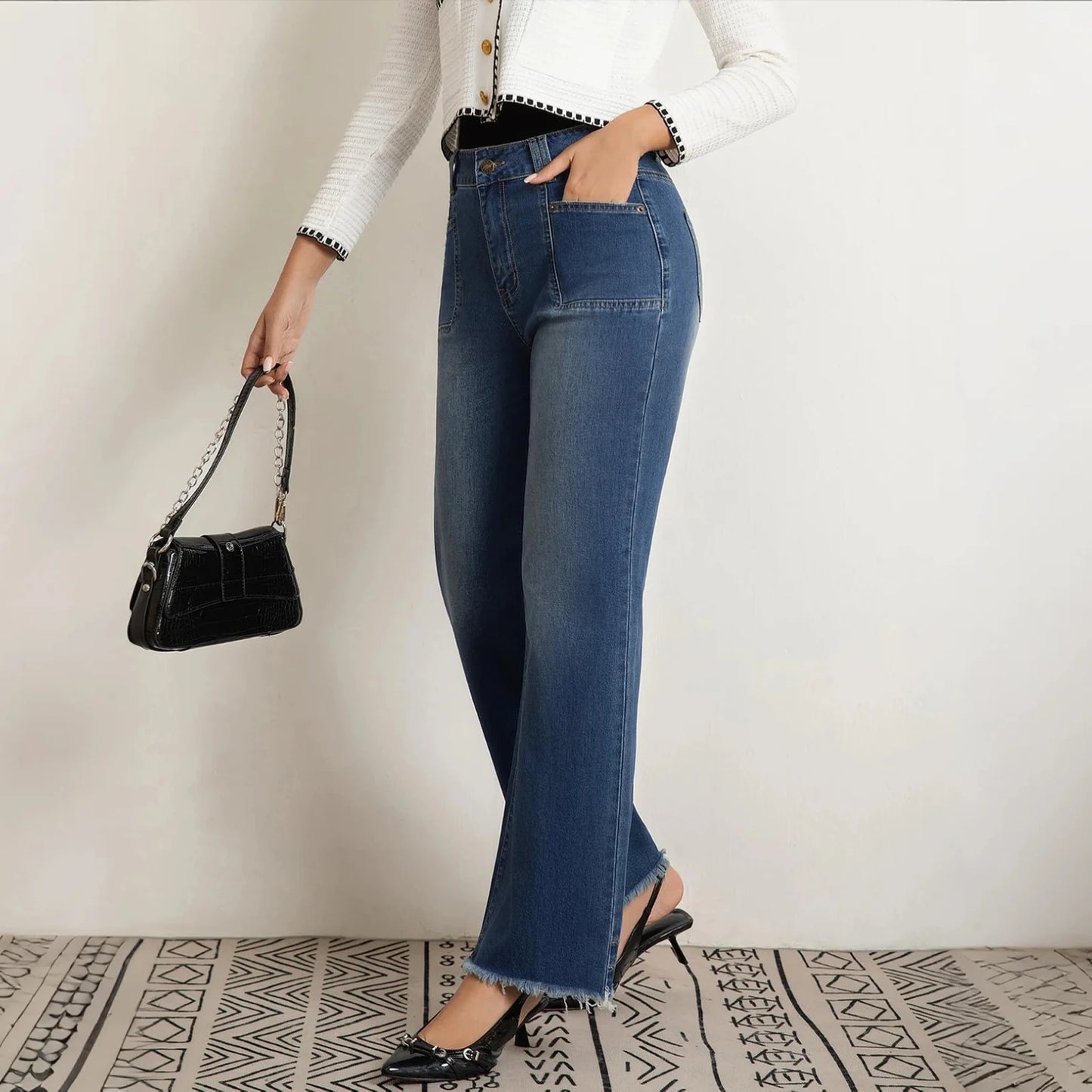 Women's New Jeans Causal Straight Mid-Waisted Jeans Spring Autumn Thin Wide-Leg Retro Temperament Daily Commute All-Match Pants