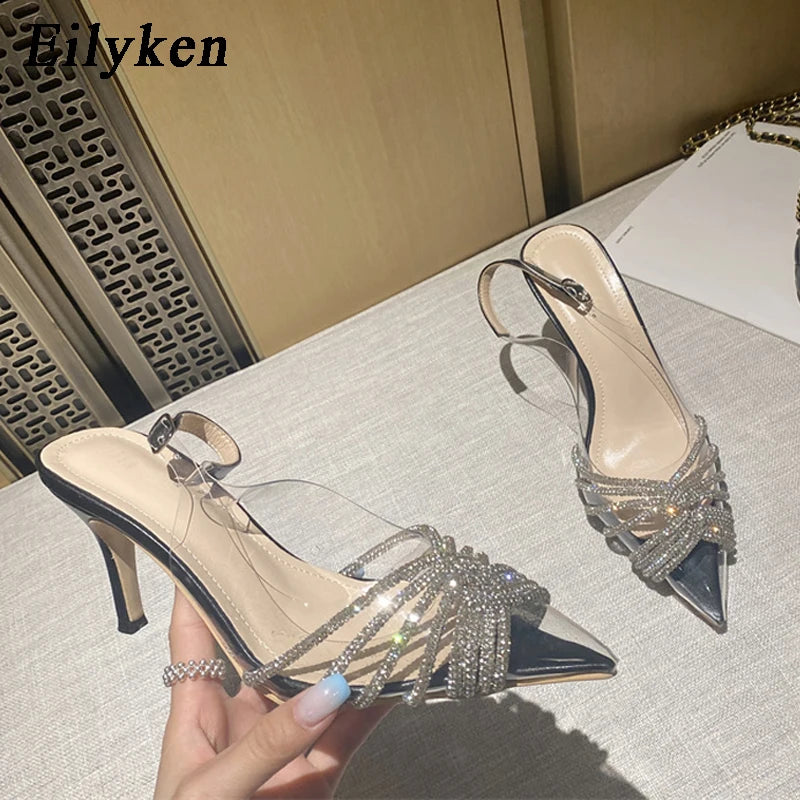 Eilyken Thin High heels Women Pumps Sandals Fashion Gladiator Transparent PVC Rhinestone Slingbacks Party Prom Shoes