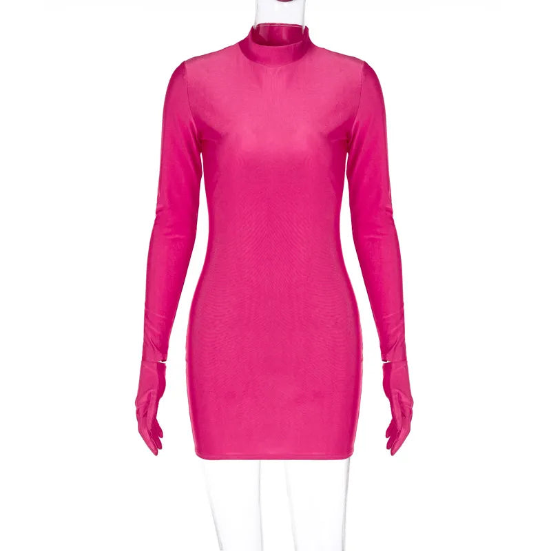 Women's 2023 Autumn Red Mini Dresses Turtleneck Long Sleeve Gloves Sex –  Mega Mart Center