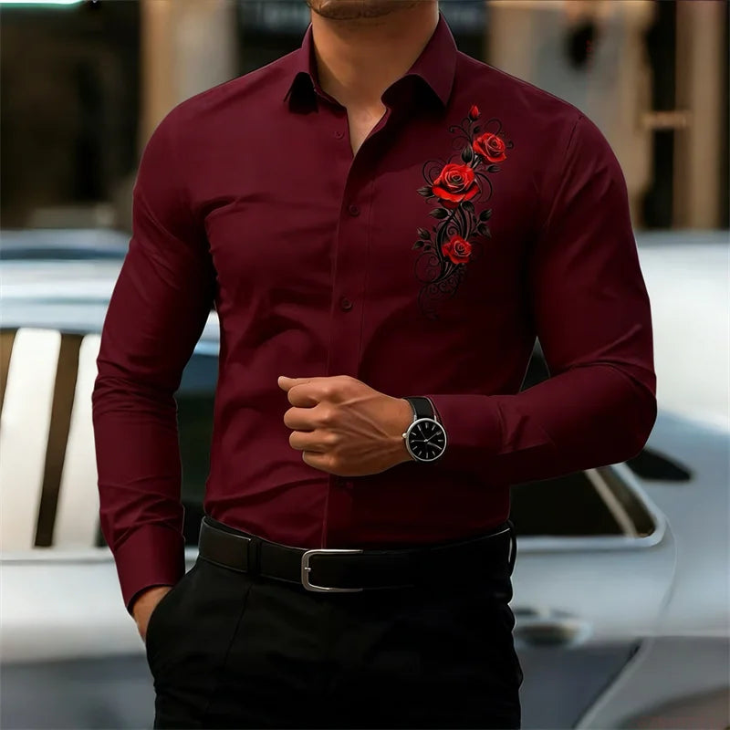 Men's long-sleeved shirt, featuring a vintage red rose print design.  A stylish business casual shirt and fashionable men's top.