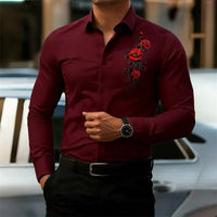 Men's long-sleeved shirt, featuring a vintage red rose print design.  A stylish business casual shirt and fashionable men's top.